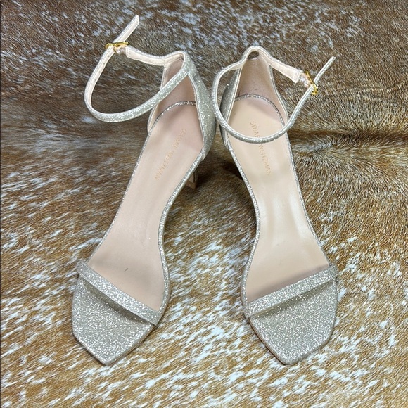 EUC Stuart Weitzman Nudistcurve 4” US 5, Silver Glitter Heels Sparkle Stiletto - Picture 1 of 14